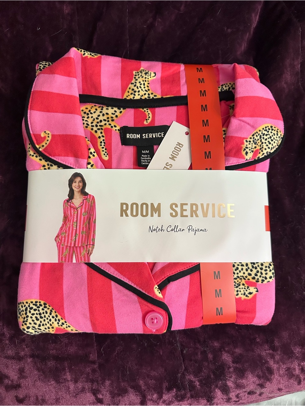 Room Service Pink Leopard Stripe Notch-Collar Pajama Set